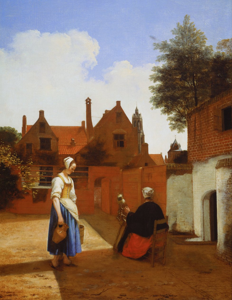 代尔夫特的庭院在晚上 - 妇女转动 作者 彼得·霍克（Pieter de Hooch）