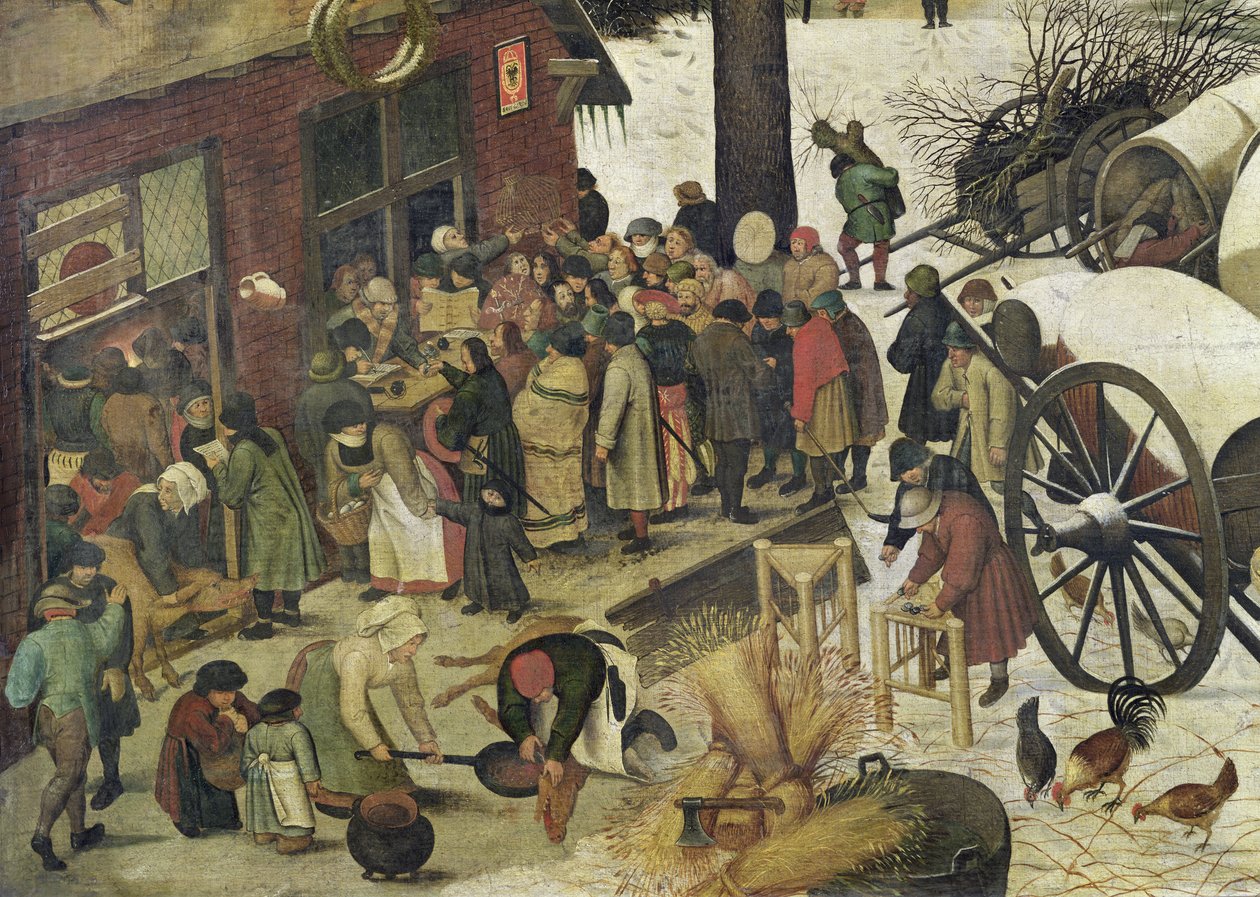 伯利恒人口普查，税务局油画布的详细信息 作者 彼得·布鲁格（Pieter Bruegel）
