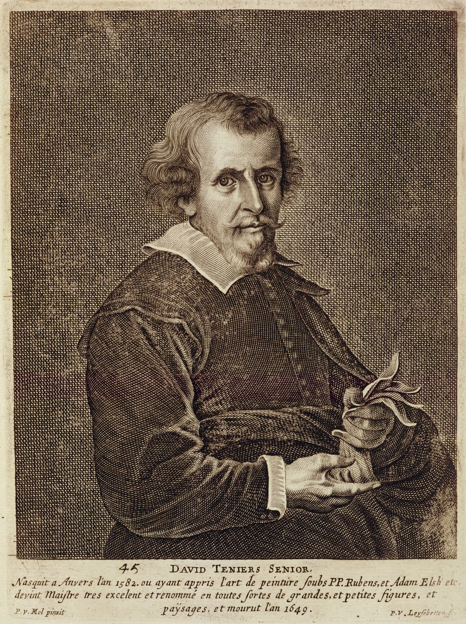 David Teniers I（1582-1649）的肖像来自艺术家的一系列肖像，由Peter van Leysebetten雕刻（1630-c.1678） 作者 彼得·范·摩尔