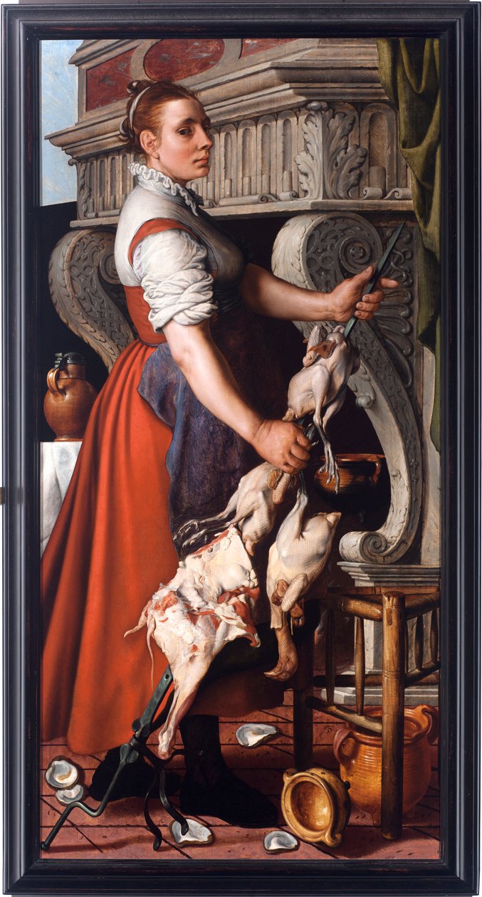 炊具（炊具）在壁炉吐痰上绣家禽的年轻女子 - Pieter Aertsen 作画（1508-1575）1559 Dim 165x85 cm Genes, Musei di Strada Nuova (ex Palazzo Bianco) 作者 彼得·埃森（Pieter Aertsen）