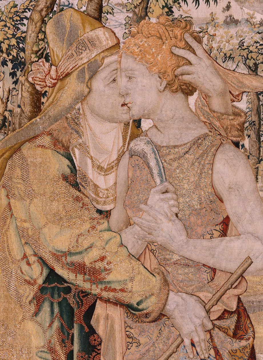 佛兰德挂毯系列 Vertumnus 和 Pomona。Vertumnus亲吻 Pomona。系列挂毯中的第七幅。Pieter Coecke van Aelst 的模型圈。布鲁塞尔 Wilhelm Pannemaker 制造。约 1545-1550 年。织物 金、银、丝和羊毛。尺寸 430 x 365 厘米。 作者 彼得·科克·范·阿斯特（Coecke van Aelst）