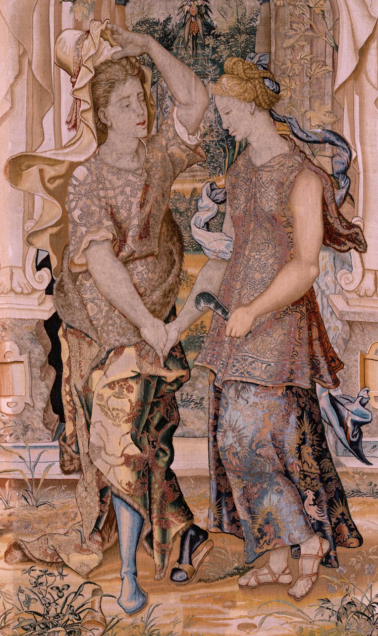 佛兰德挂毯系列 Vertumnus 和 Pomona。Vertumnus 向 Pomona 透露自己的身份（Vertumno se descubre ante Pomona）。该系列的第八幅挂毯。Pieter Coecke van Aelst 的模型圈。Wilhelm Pannemaker 制造，布鲁塞尔。约 1545-1550 年。制作 作者 彼得·科克·范·阿斯特（Coecke van Aelst）