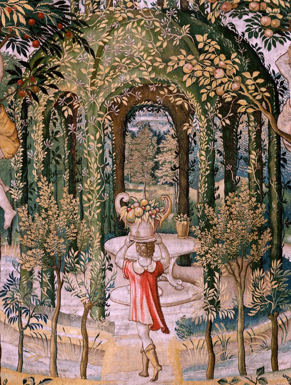佛兰德挂毯。系列 Vertumnus 和 Pomona；Vertumnus 变身园丁（Vertumno transformado en jardinero）。该系列的第五块挂毯。Pieter Coecke Van Aelst 和 Léonard Thiry 的模型圈。制作地点 布鲁塞尔，未知工作室，制作前 作者 彼得·科克·范·阿斯特（Coecke van Aelst）