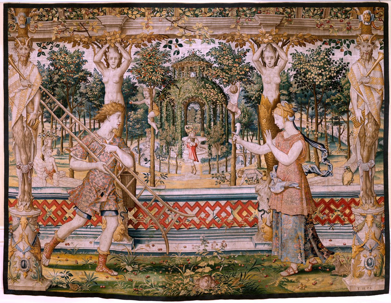 佛兰德挂毯。系列 Vertumnus 和 Pomona；Vertumnus 变身园丁（Vertumno transformado en jardinero）。该系列的第五块挂毯。Pieter Coecke Van Aelst 和 Léonard Thiry 的模型圈。制作地点 布鲁塞尔，未知工作室，制作前 作者 彼得·科克·范·阿斯特（Coecke van Aelst）