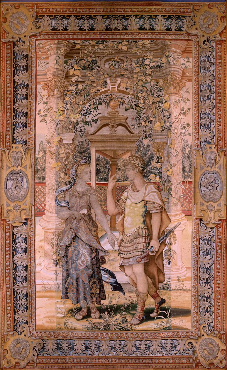 佛兰德挂毯系列 Vertumnus 和 Pomona。变成战士的 Vertumnus。该系列的第四块挂毯。Pieter Coecke van Aelst 的模型圈。布鲁塞尔 Wilhelm Pannemaker 制造。约 1545-1550 年。织物 金、银、丝和羊毛。尺寸 425 作者 彼得·科克·范·阿斯特（Coecke van Aelst）