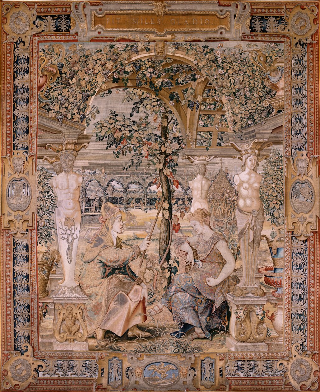 佛兰德挂毯系列 Vertumnus 和 Pomona。化身为老妇人的 Vertumnus。变成老妇人的 Vertumnus。系列挂毯中的第六块。Pieter Coecke van Aelst 的模型圈。Wilhelm Pannemaker 制造，布鲁塞尔。Ca1545-1550.F 作者 彼得·科克·范·阿斯特（Coecke van Aelst）