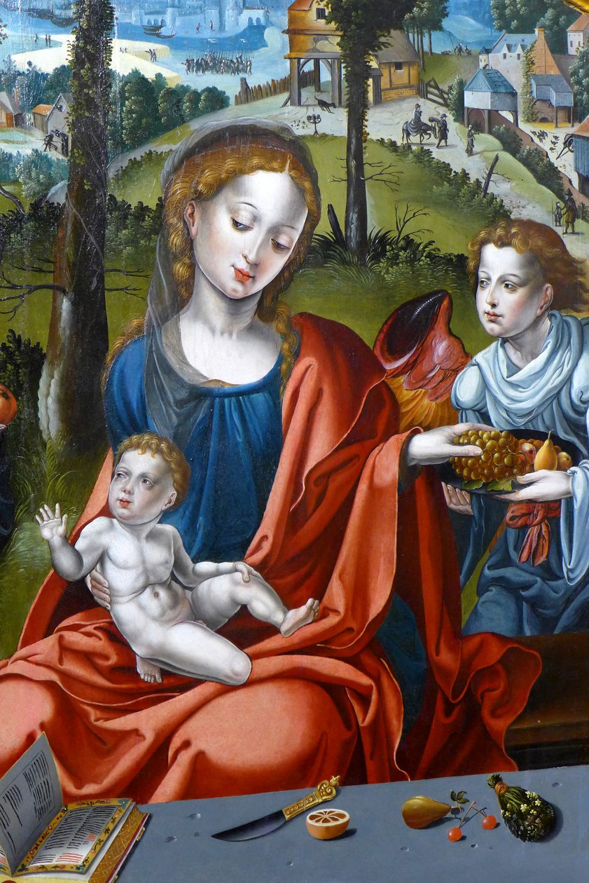 玛利亚、婴儿耶稣和天使圣家三联画细部 作者 Pieter（工作室）Coecke van Aelst