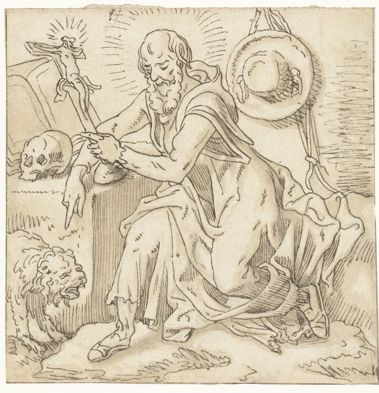 圣杰罗姆坐在十字架、书籍和头骨旁 作者 Pieter Aertsen (车间)