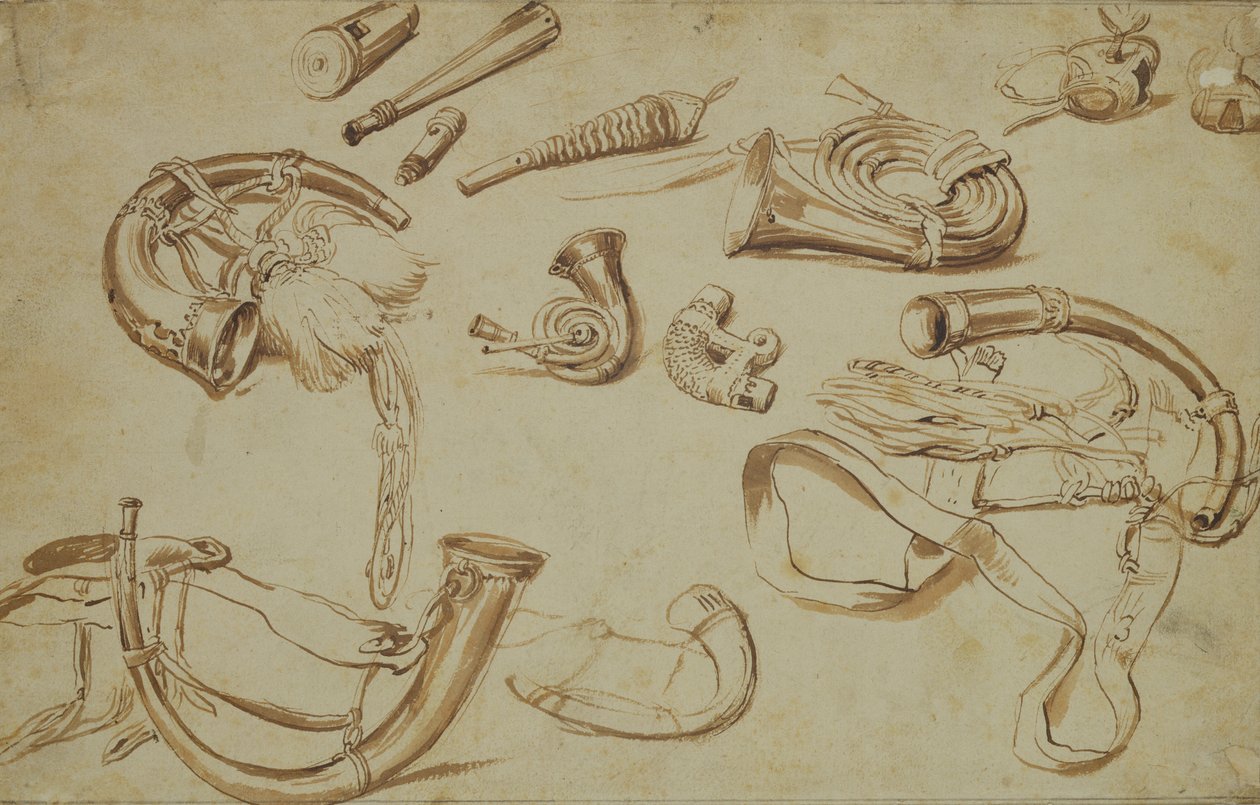 狩猎用具（铅笔，钢笔和墨水在纸上） 作者 彼得·布鲁格（Pieter Bruegel）