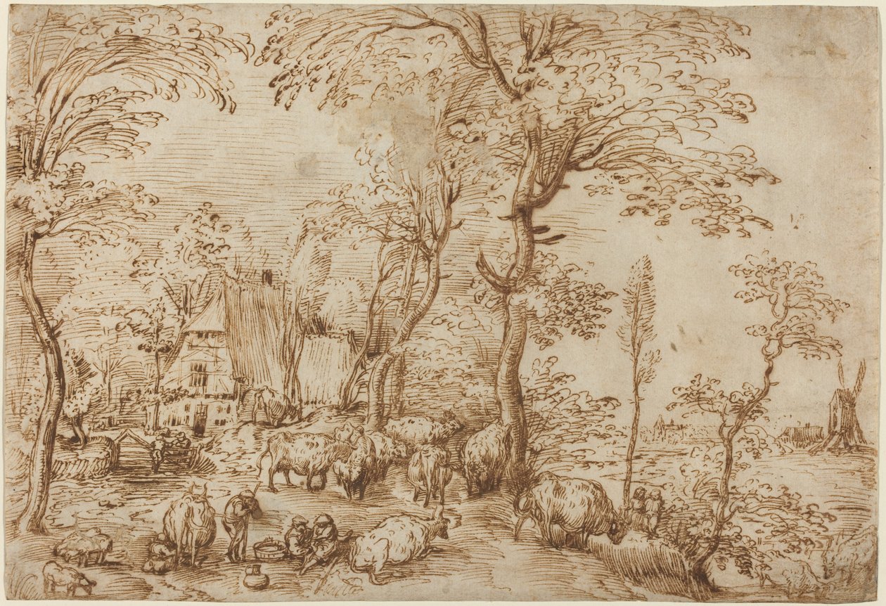 农舍附近的农民和牛群 作者 彼得·布鲁格（Pieter Bruegel）