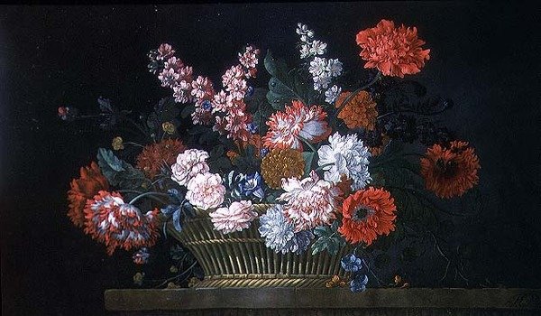 康乃馨、雄鸡、牡丹、康乃馨和其他鲜花的静物画，放在石阶上的篮子里。 作者 彼得卡斯特尔