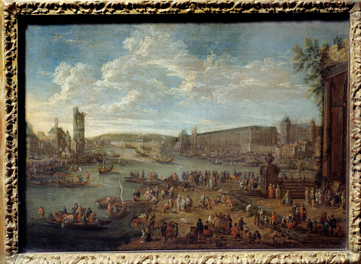 从巴黎的 Ile de la Cite 拍摄的卢浮宫和 Nesles 塔的景色。 Pieter Li Casteels (1684-1749) 的绘画 作者 彼得卡斯特尔