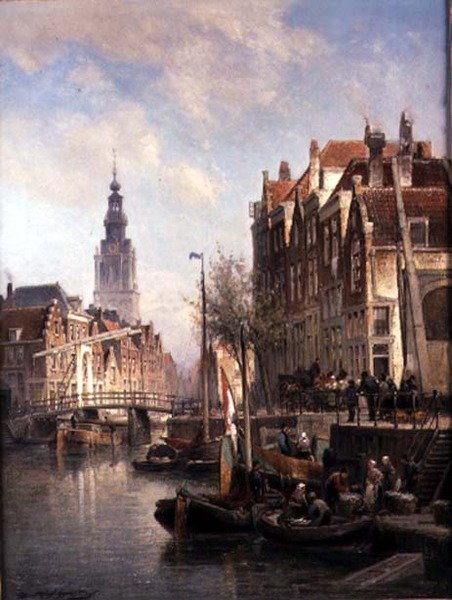 运河上的街景 作者 彼得·克里斯蒂安（Pieter Christiaan Cornelis Dommelshuizen）