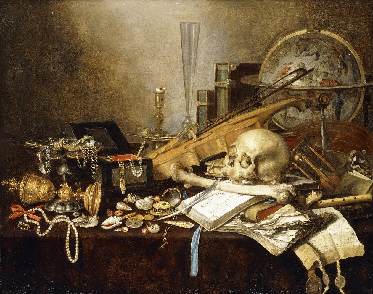 乐器和手稿的Vanitas静物画，倾覆的镀金酒杯，珠宝盒，烛台，占星术，一串珍珠，珠宝，贝壳，头骨和股骨以及悬垂桌上的小时玻璃， 1653 作者 彼得·克拉斯