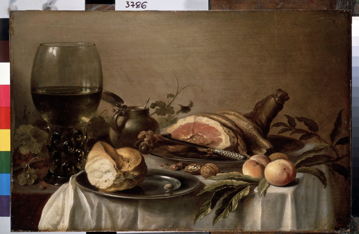 "火腿早餐"（Nature morte de petit dejeuner avec jambon, pain, peches et noix），彼得-克莱斯（Pieter Claesz，约 1597-1660 年）创作，1647 年 尺寸：40x61 厘米 圣彼得堡，冬宫博物馆 作者 彼得·克拉斯