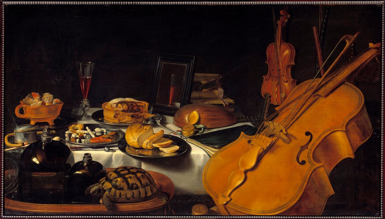 有乐器的静物画 一只乌龟，一个馅饼，一个酒杯，面包。画家：Pieter Claesz (1597-1661) (ec.holl.) 1623 太阳。0,69x1,22米 作者 彼得·克拉斯