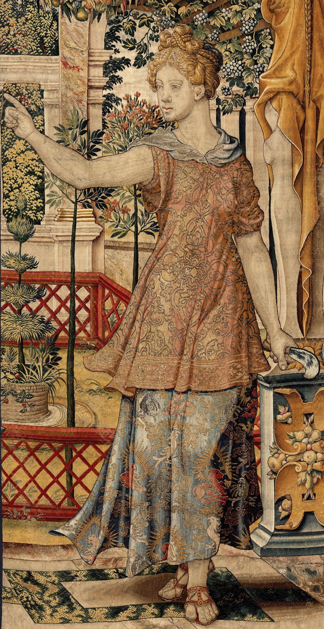 Vertumnus 和 Pomona：Vertumnus 转变为农民，约 1550 年（黄金、羊毛和丝绸） 作者 彼得·科克·范·阿尔斯特