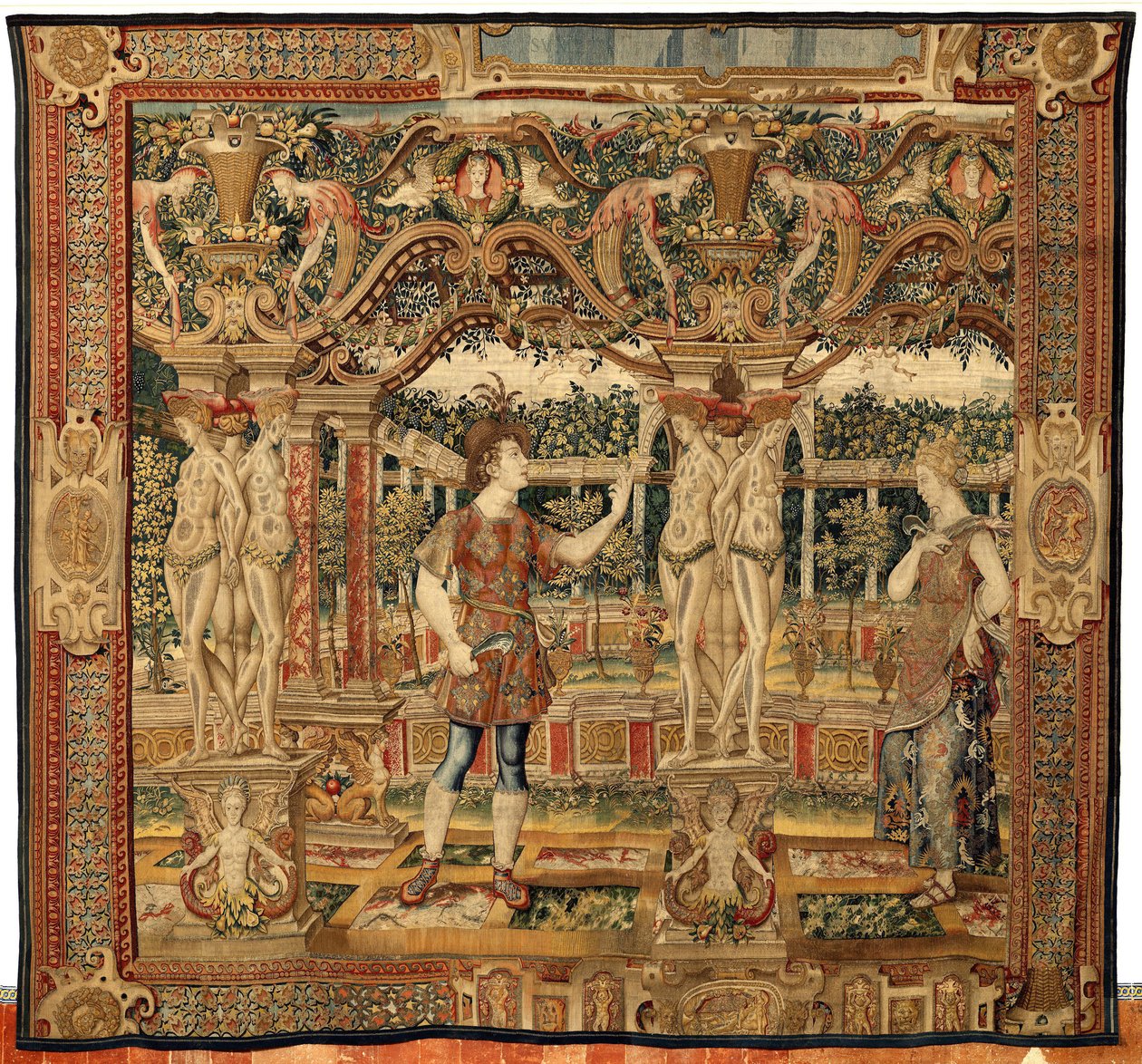 Vertumnus 和 Pomona：Vertumnus 变成修枝剪，约 1550 年（黄金、羊毛和丝绸） 作者 彼得·科克·范·阿尔斯特