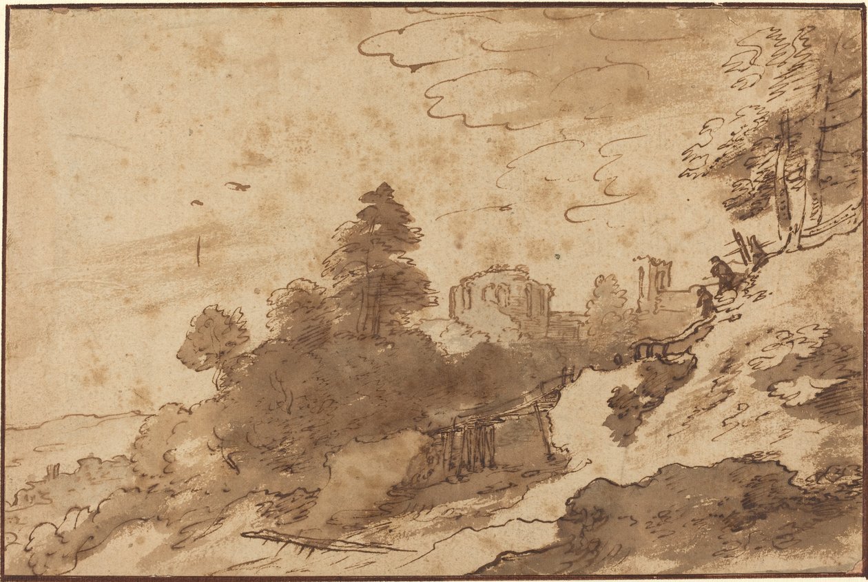 景观与桥梁和废墟的背景 作者 彼得·迪克斯·桑特沃特