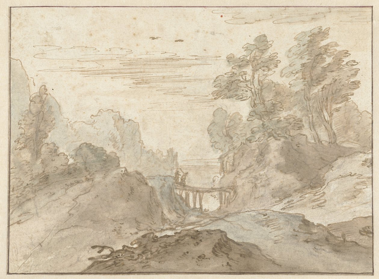 山景与窄桥上的两个人物 作者 Pieter Dircksz van Santvoort（可能）