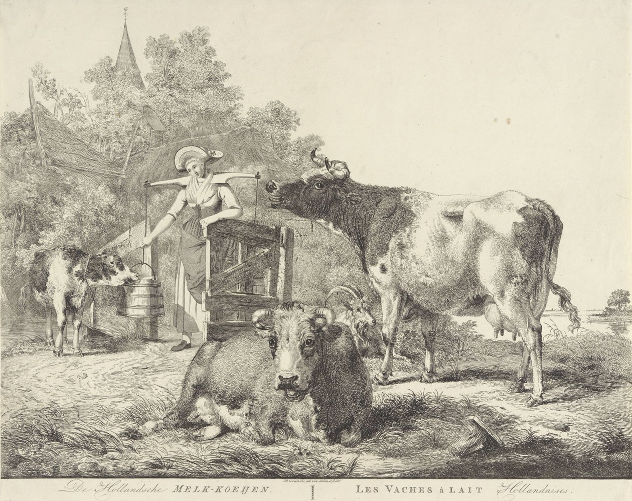 奶牛和挤奶女工 De Hollandsche Melk-koeijen / Les vaches â lait hollandises（物体上的标题） 作者 彼得·杰拉德斯·范·奥斯