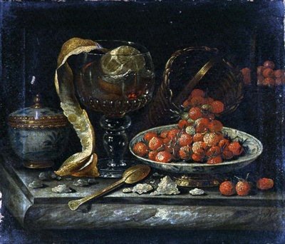 中国青花碗和盖子的静物，玻璃的Roemer，金汤匙和水果（布面油画） 作者 彼得·格里茨。面包车（方式）Roestraten