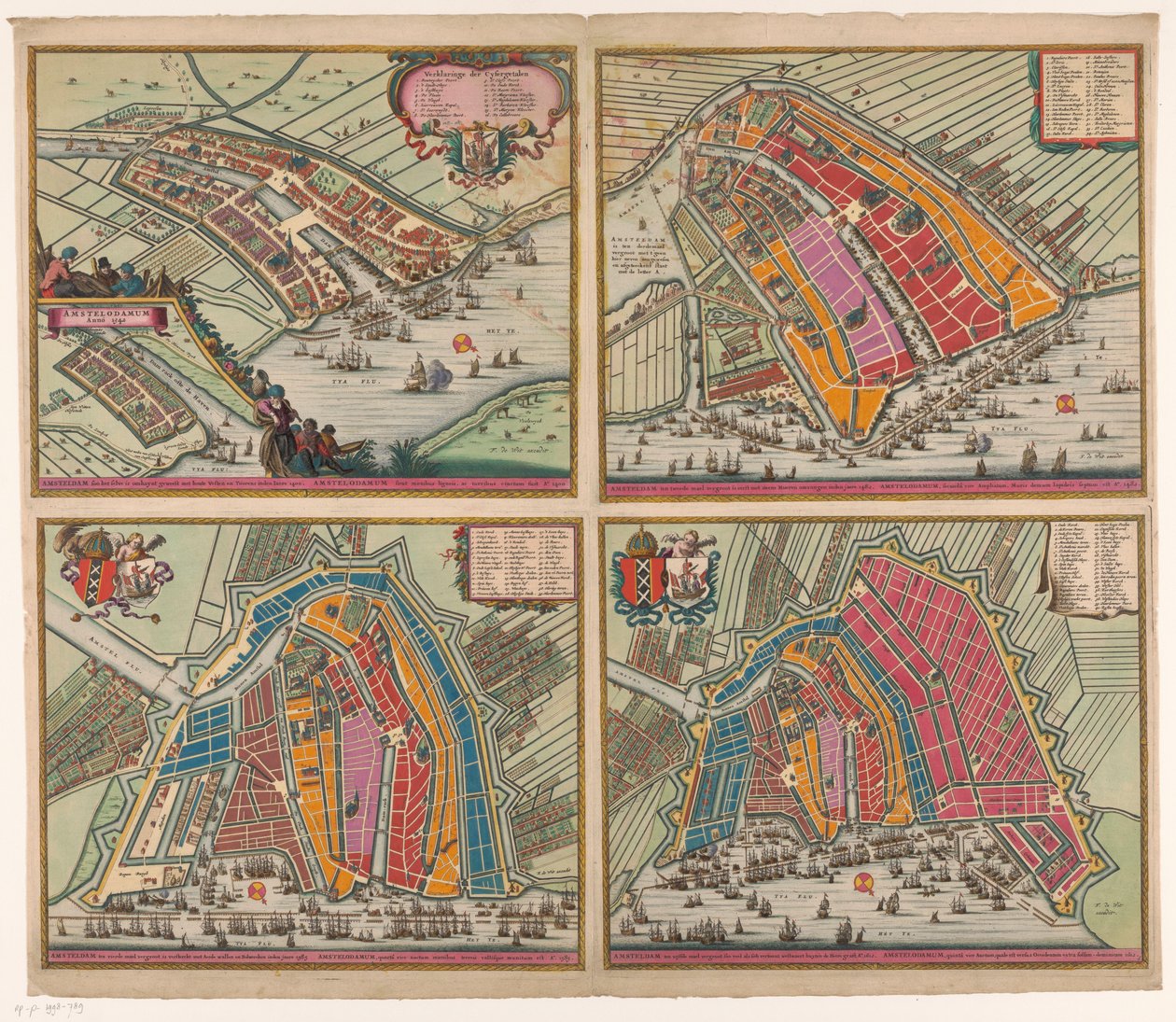 1400 年至 1612 年的四幅阿姆斯特丹地图
被围起来的阿姆斯特丹（......）（标题见实物）
阿姆斯特丹第二次扩大，1482 年第一次用石墙围起来（......）（标题见实物）
阿姆斯特丹第四次 作者 彼得·亨德里克斯。舒特（可能）