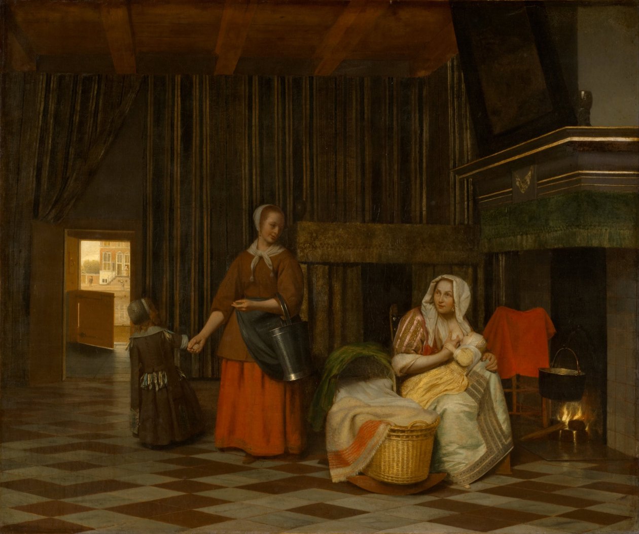 女人和孩子与服务的女仆，1663-1665年 作者 彼得·霍赫德