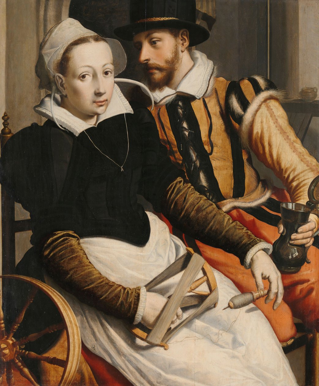 男人和女人在纺车，c。一五六○年至1570年 作者 彼得·彼得斯（Pietersz）