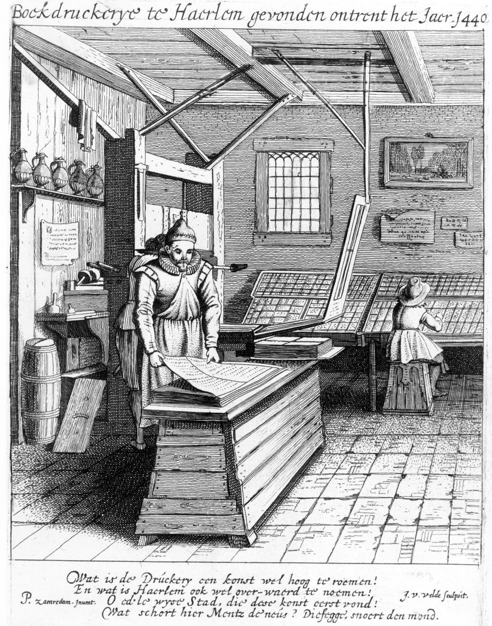 Laurens Janszoon Koster的Bindery，来自“Haerlem的描述与赞美”，于1628年出版 作者 彼得·詹森（Pieter Janszoon Saenredam）