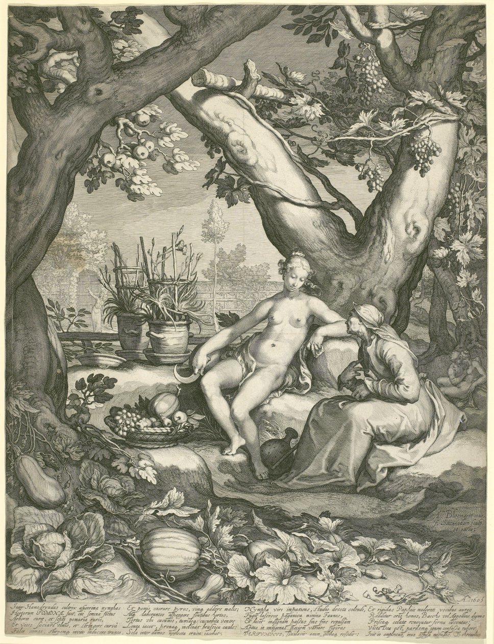Vertumnus借用一位老妇人的形象来赢得Pomonas Love，1605（在纸上雕刻） 作者 彼得·詹森（Pieter Janszoon Saenredam）