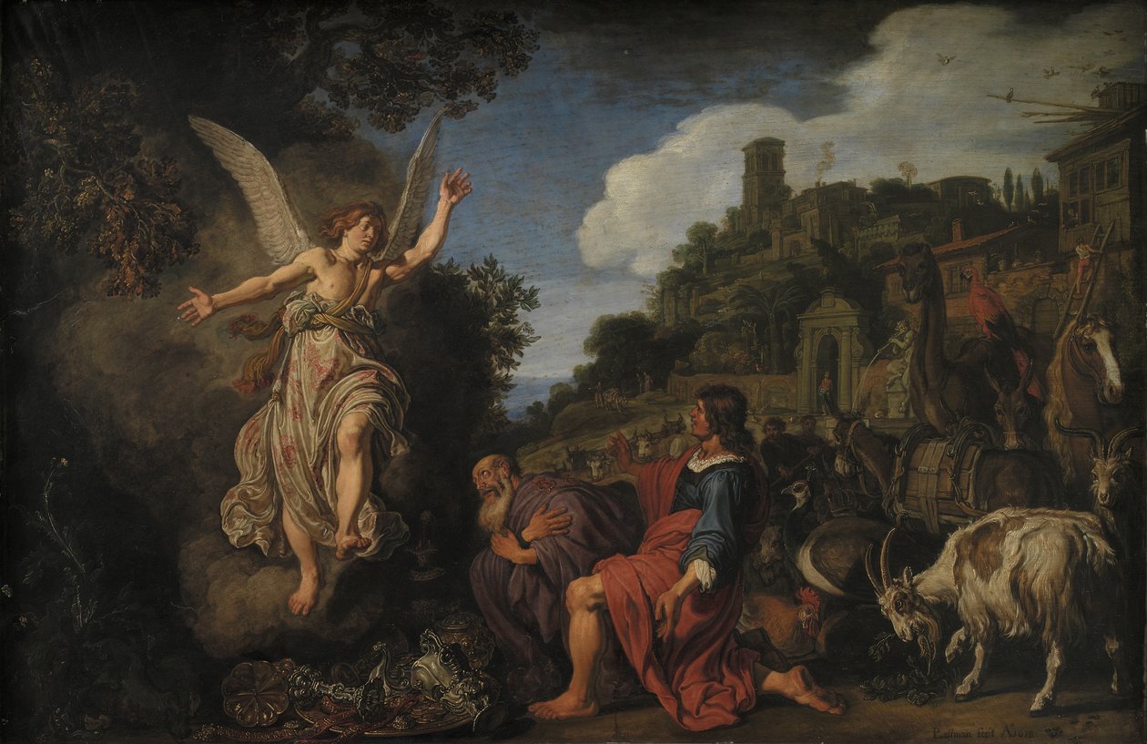 天使拉斐尔（National Raphael）离开老托比（Tobits）和他的儿子托比亚斯（Tobias） 作者 彼得·拉斯特曼