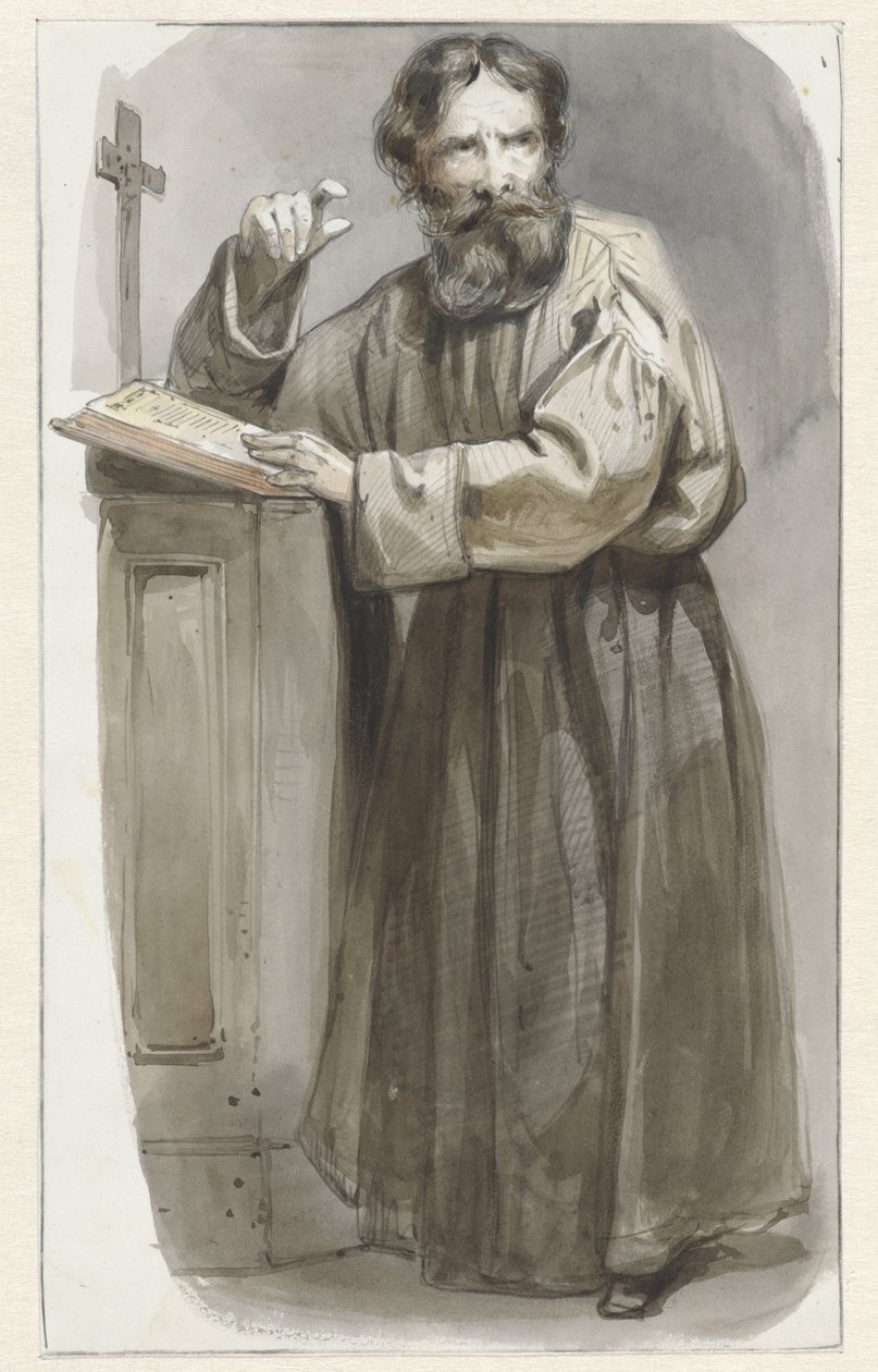 站在讲台上的牧师，手持十字架和圣经 作者 Pieter Marinus van de Laar（归属于）