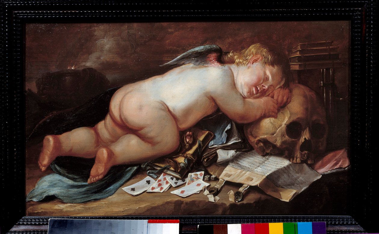 睡在死神头上的爱情Pieter Moninckx（1606 - 1686）的油画（Vanite） Ec.弗拉姆 作者 彼得莫宁克斯