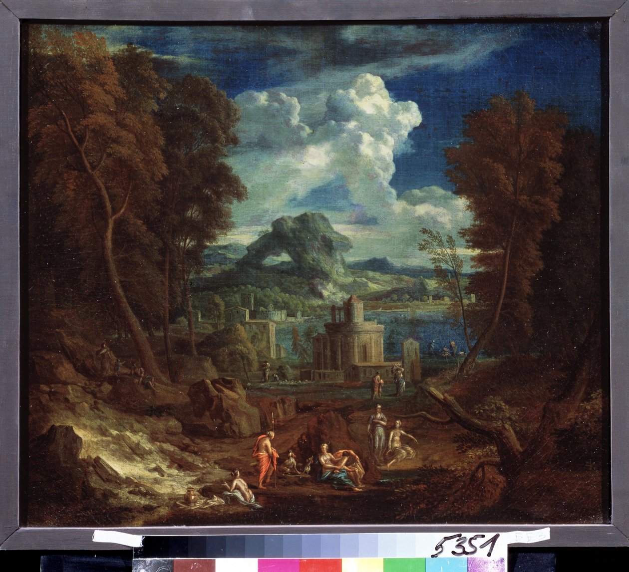 仙女沐浴的风景。彼得-雷斯布雷克（Pieter I Rysbraeck，1655-1729 年）的作品。布面油画，50 x 58 厘米。弗拉芒艺术、巴洛克艺术。莫斯科普希金美术博物馆。 作者 彼得·里斯布拉克