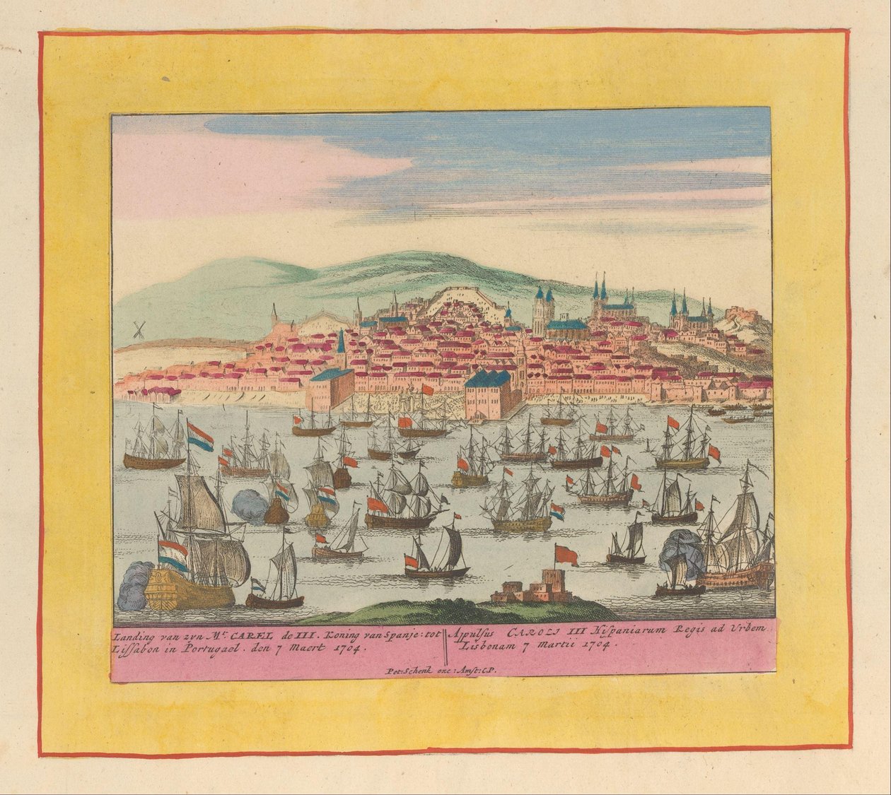 1704 年，荷兰-英国舰队随国王查理三世抵达里斯本 他的山登陆。 西班牙国王卡雷尔三世 (Carel de III) 在 Portugael den 7 Maert 1704 前往里斯本 (...)（物品上的标题） 战争剧场，从卡雷尔·登国王开始 作者 彼得申克（一）