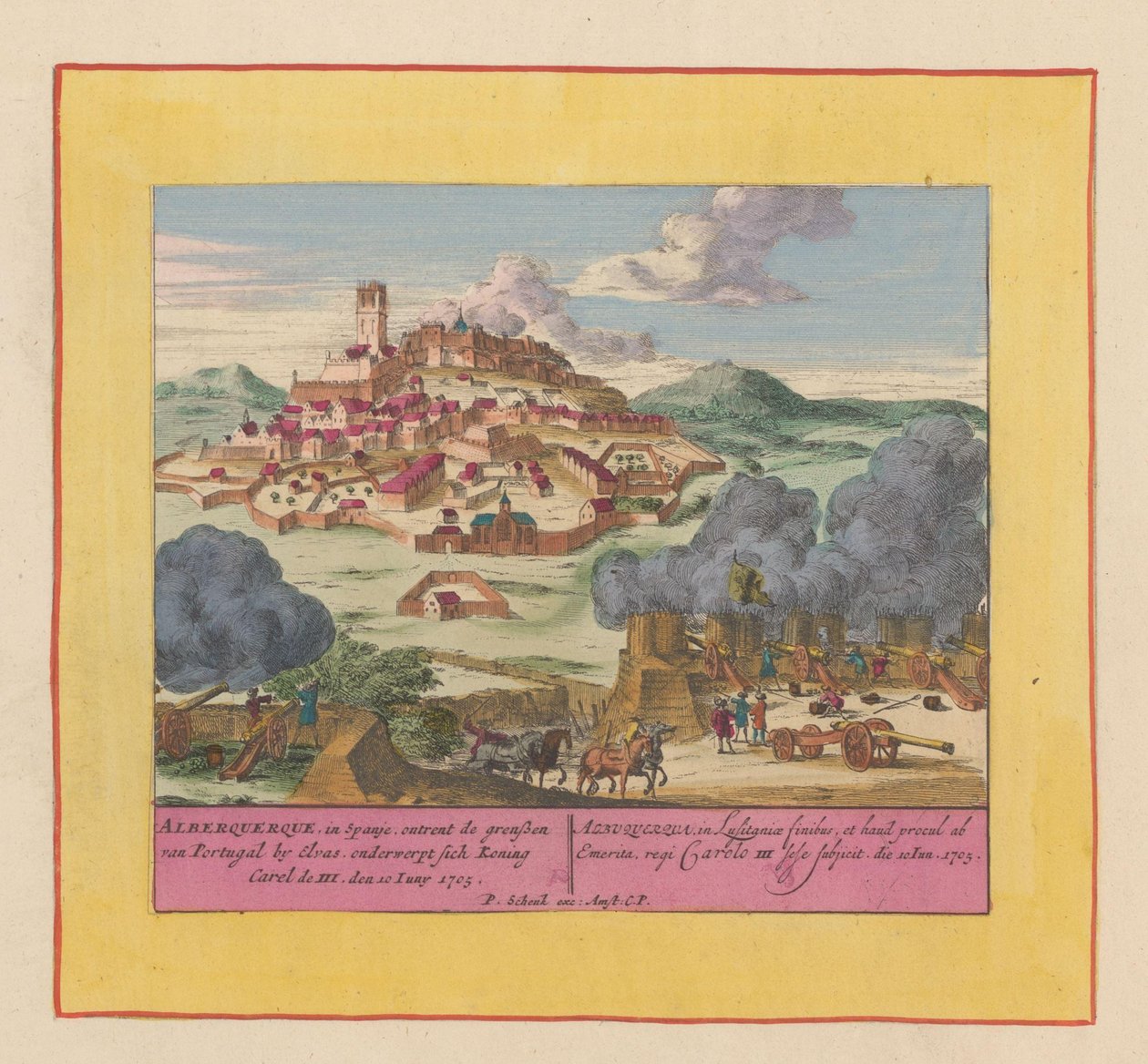 阿尔伯克基围城战，1705 年
1705 年 6 月 10 日，西班牙阿尔伯克基在葡萄牙边界附近的埃尔瓦斯征服了国王卡里尔三世（标题见实物）
战场，从国王查理二世开始。直到查尔斯国王 作者 彼得申克（一）