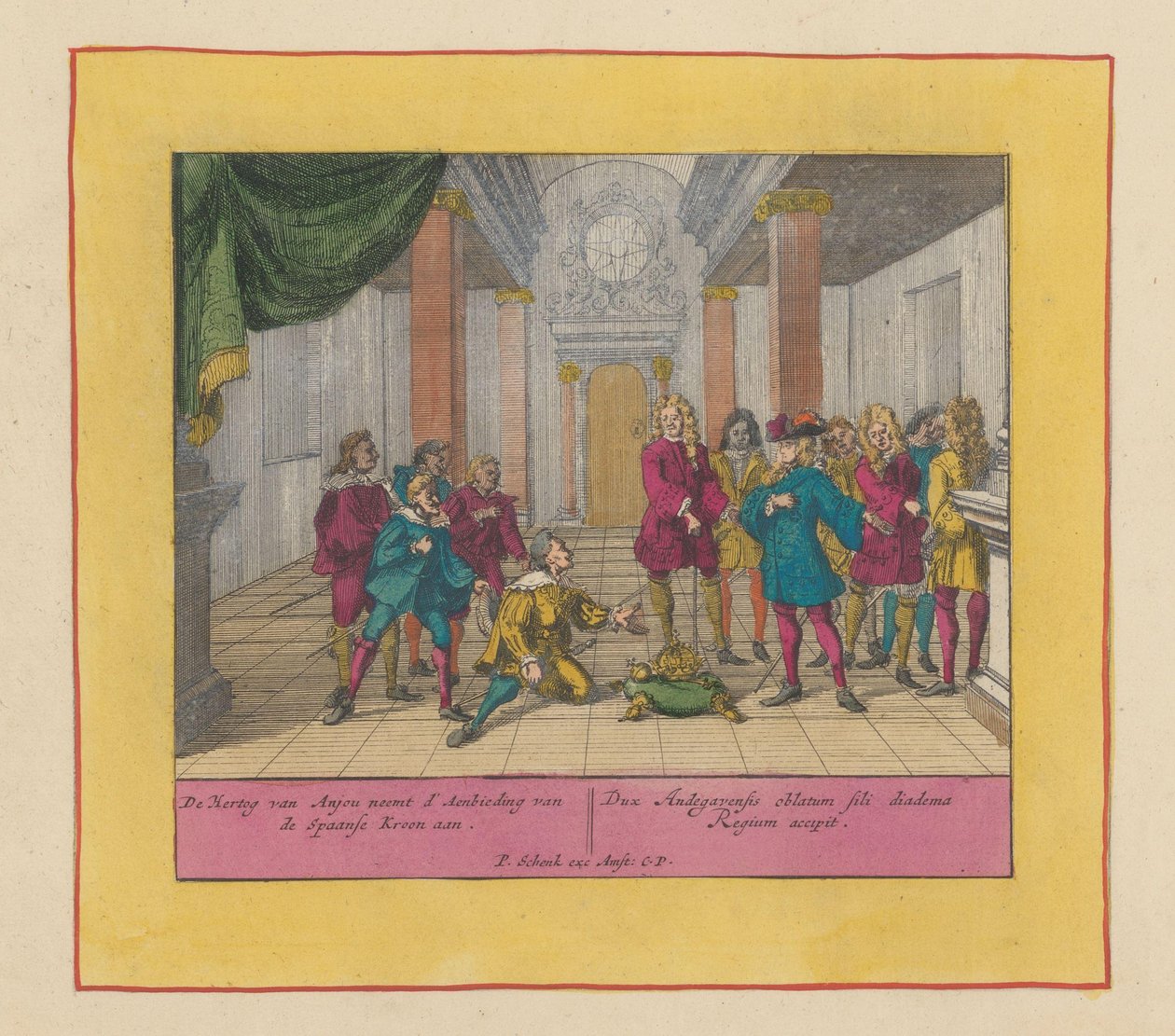 安茹公爵菲利普 (Duke Philip of Anjou) 接受西班牙王位，1700 年 安茹公爵接受西班牙王室的提议（...）（物品上的标题） 战争剧场，查理二世国王的开始。 直到查理三世国王。 现有 IX 作者 彼得申克（一）