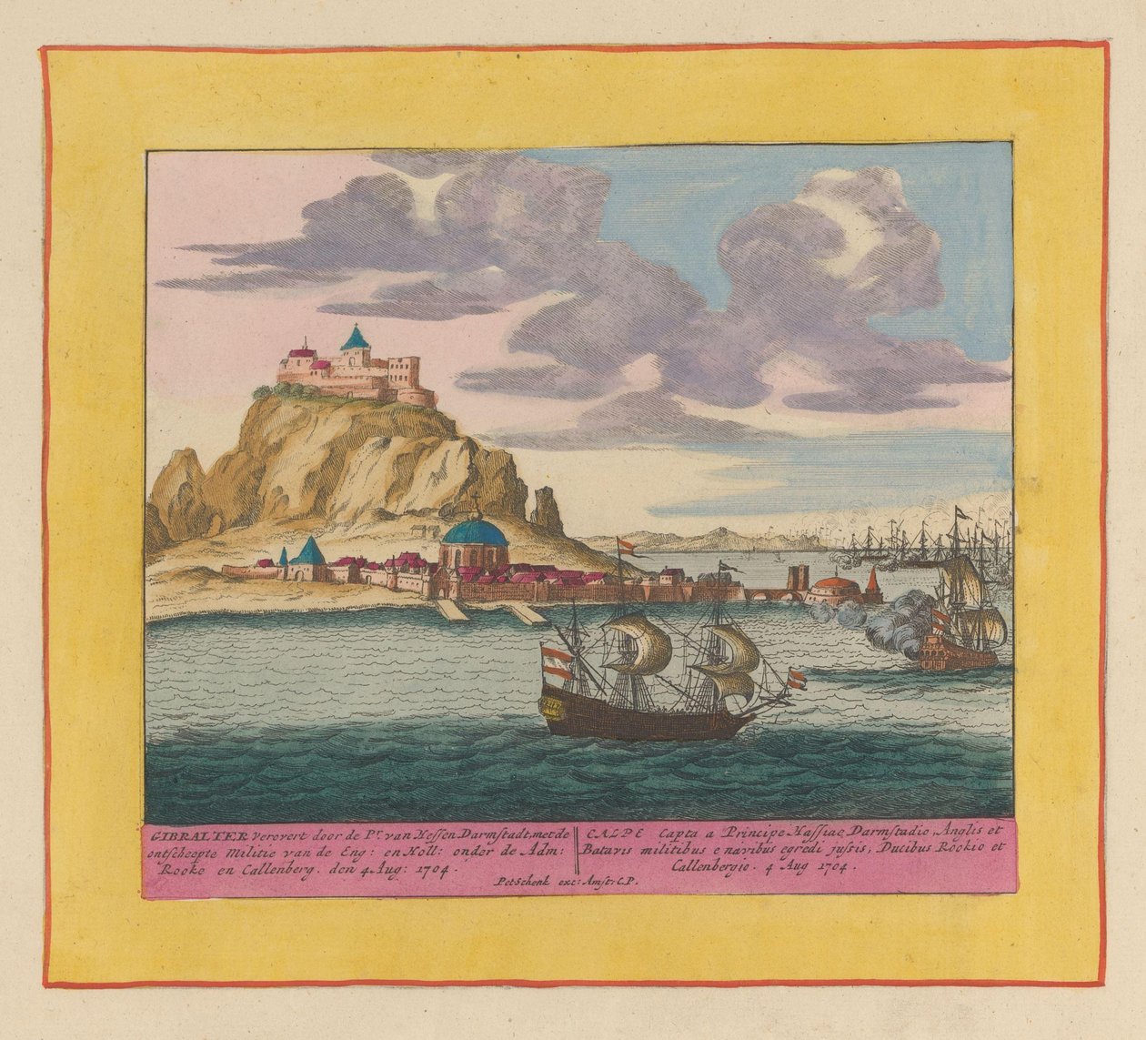 英荷舰队攻占直布罗陀，1704 年
直布罗陀于 1704 年 8 月 4 日被黑森-达姆施塔特公爵率领的由鲁克和卡伦伯格将军率领的英国和荷兰民兵攻占（......）（标题见实物）
剧院 作者 彼得申克（一）