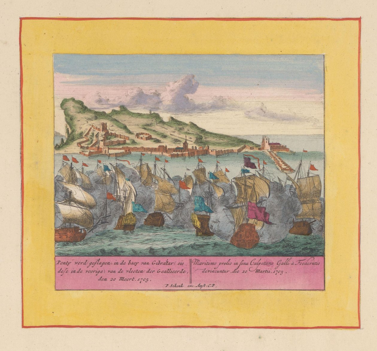 直布罗陀海战，1705 年
1705 年 3 月 20 日，庞蒂在直布罗陀海域（sie dese in de voorige）被盟军舰队击败（标题见实物）
战争场面，从国王查理二世开始。直到查理二世 作者 彼得申克（一）