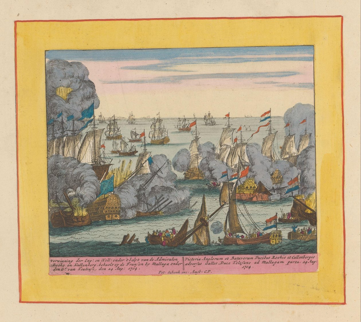 马拉加战役，1704 年
英格兰和荷兰的胜利：在鲁克和卡伦伯格海军上将的领导下（......）（标题见实物）
战场，从国王查理二世开始。直到查理三世存在于 IX.历史人物 作者 彼得申克（一）