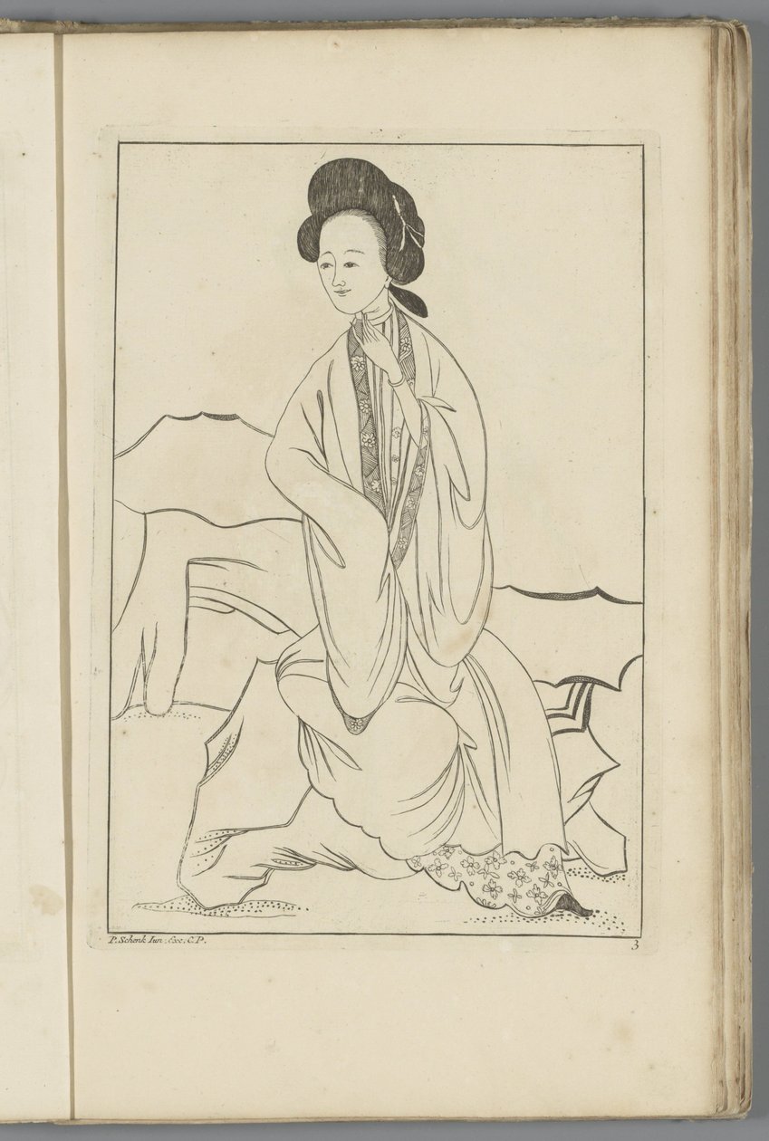 右手插在和服袖子里的中国妇女
中国妇女和花鸟（系列标题） 作者 Pieter Schenk (II) (可能)