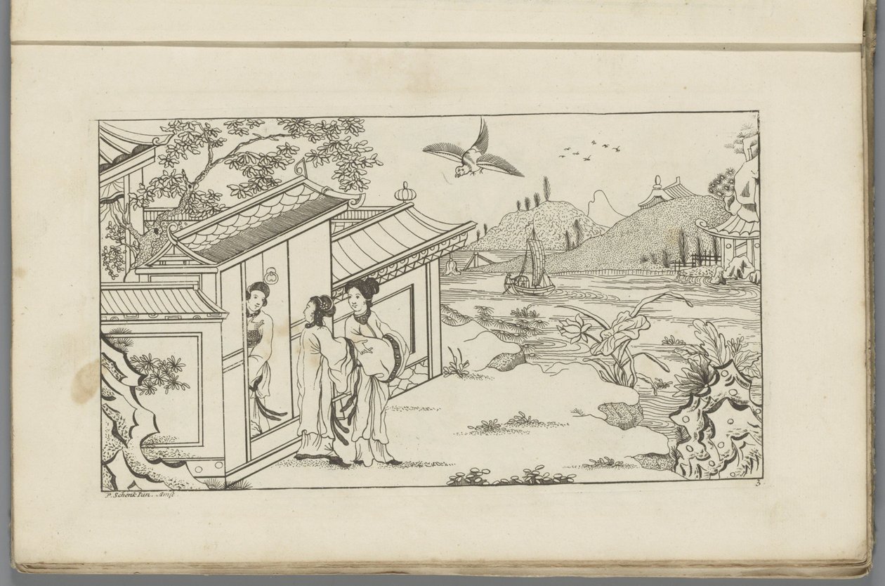 三位中国妇女在房屋门口的风景画
新发明的中文，艰苦绘制并以莱文提供，作者：P: Schenk Jun（......），第一部分（系列标题） 作者 彼得·申克 (II)