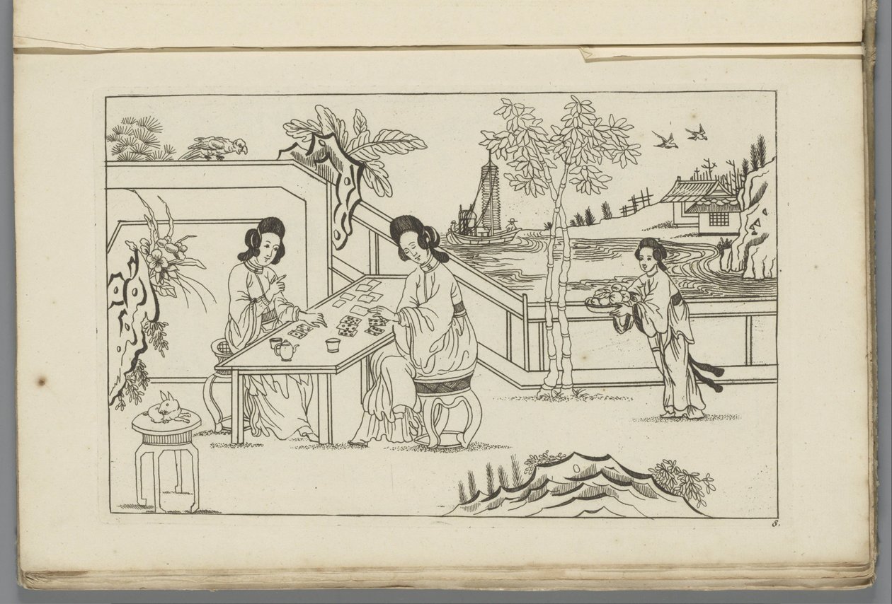 两个中国妇女在打牌的风景画
申克军（......）新发明的中文，艰苦绘制并用莱文书写，第一部分（系列名称） 作者 彼得·申克 (II)