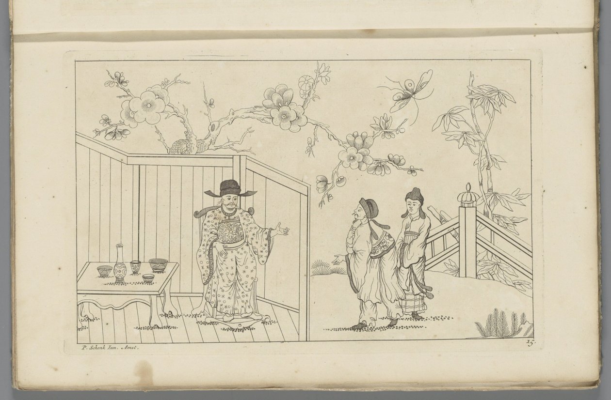 衣着华丽的男子坐在铺设好的桌子旁的椅子上
新发明 Sineesen met groote moeyte geteekent en in 