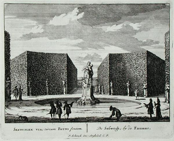 动物喷泉旁的六角形树篱，出自《Admirandorum Quadruplex Spectaculum》，作者Jan van Call（1656-1703），1715年前出版（雕刻）。 作者 彼得·申克