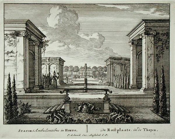 花园里的休息处，出自《Admirandorum Quadruplex Spectaculum》，作者是Jan van Call（1656-1703），1715年前出版（雕刻）。 作者 彼得·申克
