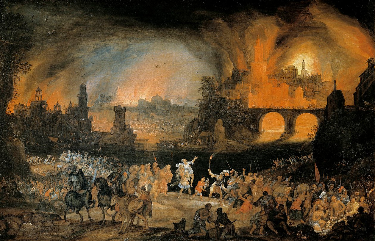 特洛伊城的燃烧。彼得-舒布鲁克（Pieter Schoubroeck，1570-1607 年）的画作。1606.奥地利维也纳艺术史博物馆 作者 彼得·舒布罗克（Pieter Schoubroeck）