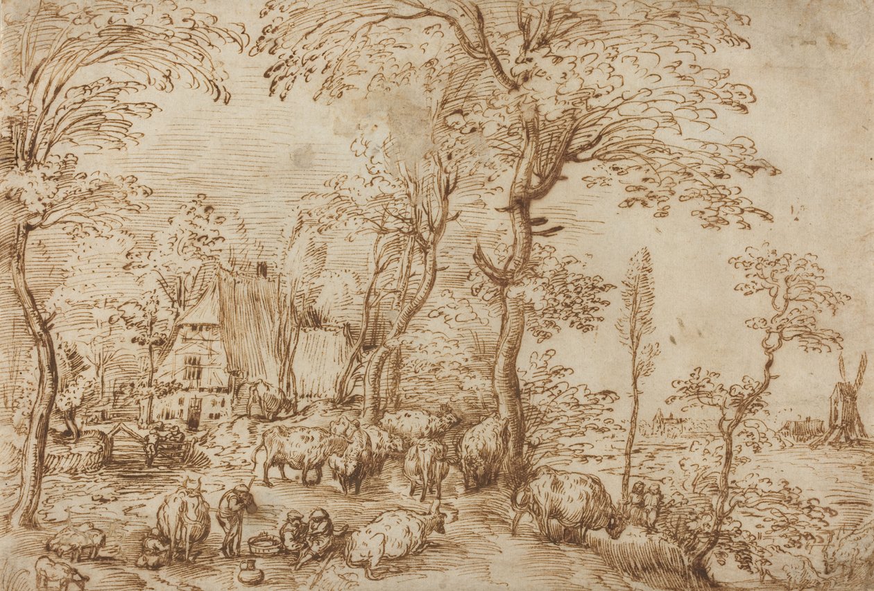 农舍附近的农民和牛，c.1553-54（笔和纸上的棕色墨水） 作者 彼得·布鲁格（Pieter Bruegel）
