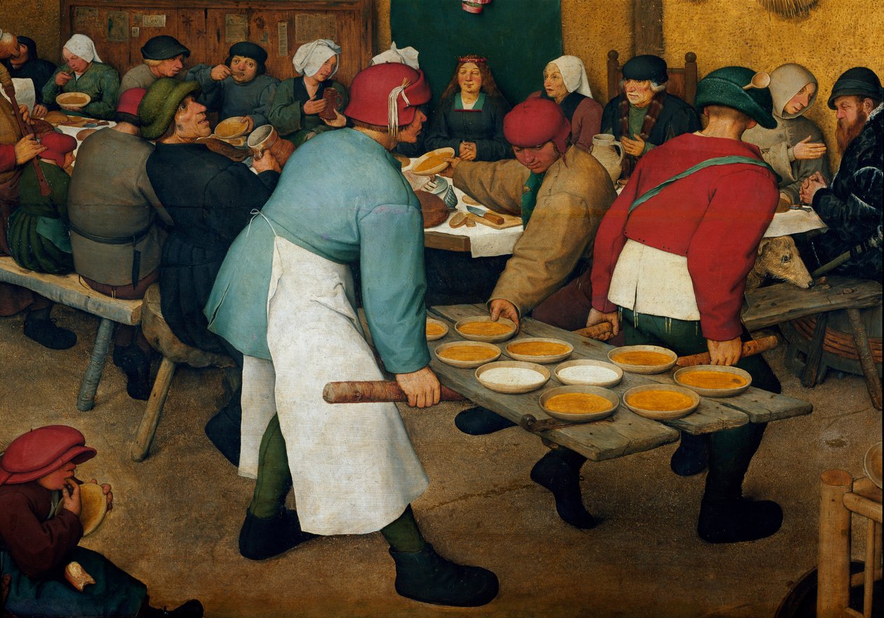 蜜月细节。 托盘上的盘子。 Pieter Bruegel（或 Breugel 或 Brueghel 或 Breughel）的绘画说前者（1525-1569） 作者 彼得·布鲁格（Pieter Bruegel）